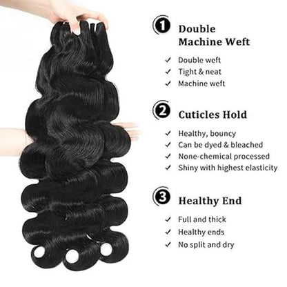 MISS ROLA 16A Raw Human Hair Double Drawn Body Wave Vietnamese Hair 3 Bundles, Upgraded Lightweight Double Wefted Premium 100% Unprocessed Virgin Hair Extensions, Thick Full Ends, Natural Black Silky Soft, Luxury Reusable 18 20 22 Inch