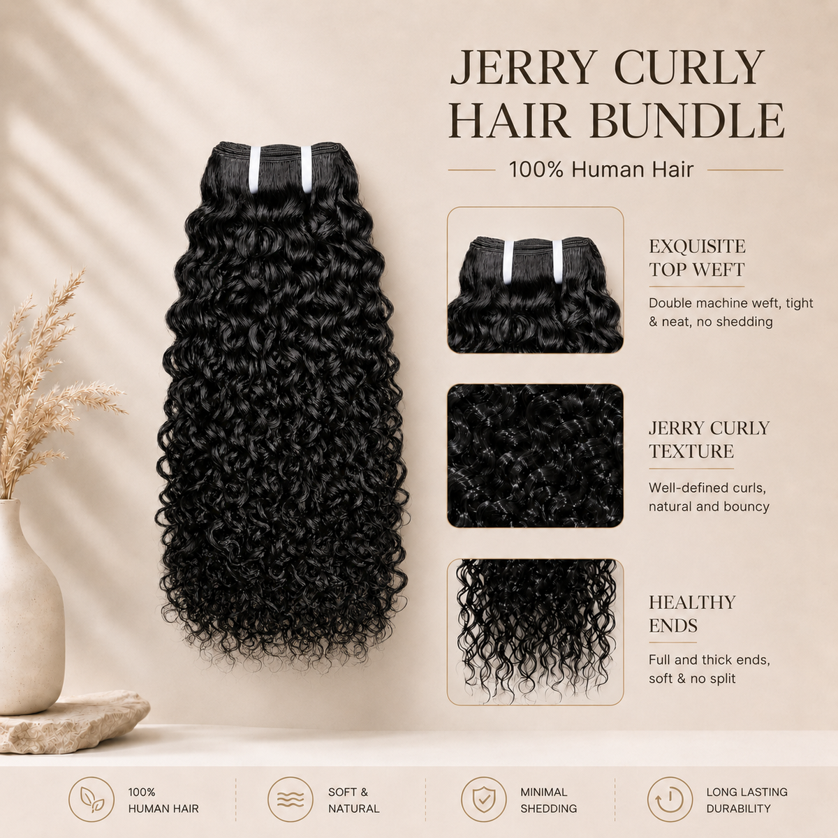 MISS ROLA 16A Grade Jerry Curly Wave Bundles, 3 pieces, Fluffy Defined Wavey Curly Vietnamese Human Hair,  18-26 Inches Natural Black Double Drawn Double Wefted Quick Weave Hair Extensions for Women