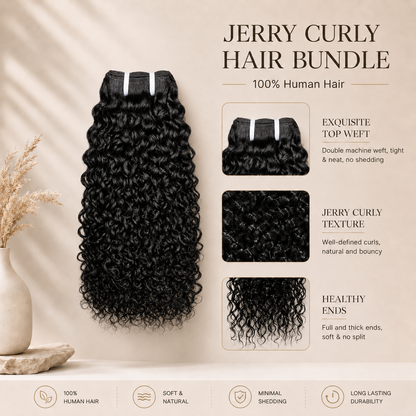 MISS ROLA 16A Grade Jerry Curly Wave Bundles, 3 pieces, Fluffy Defined Wavey Curly Vietnamese Human Hair,  18-26 Inches Natural Black Double Drawn Double Wefted Quick Weave Hair Extensions for Women