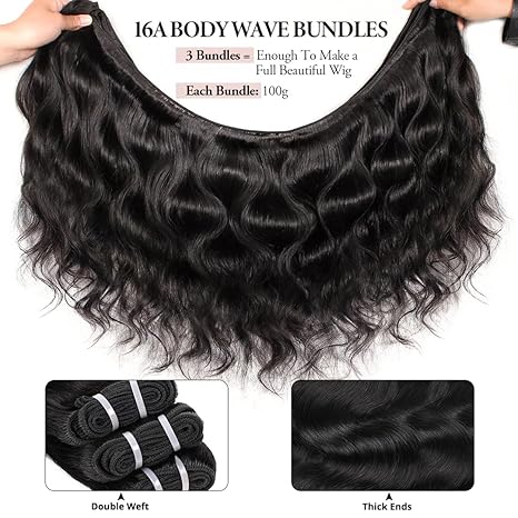 MISS ROLA 16A Raw Human Hair Double Drawn Body Wave Vietnamese Hair 3 Bundles, Upgraded Lightweight Double Wefted Premium 100% Unprocessed Virgin Hair Extensions, Thick Full Ends, Natural Black Silky Soft, Luxury Reusable 18 20 22 Inch
