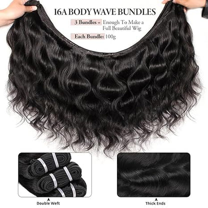 MISS ROLA 16A Raw Human Hair Double Drawn Body Wave Vietnamese Hair 3 Bundles, Upgraded Lightweight Double Wefted Premium 100% Unprocessed Virgin Hair Extensions, Thick Full Ends, Natural Black Silky Soft, Luxury Reusable 18 20 22 Inch